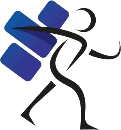 A black and blue logo with a person walking